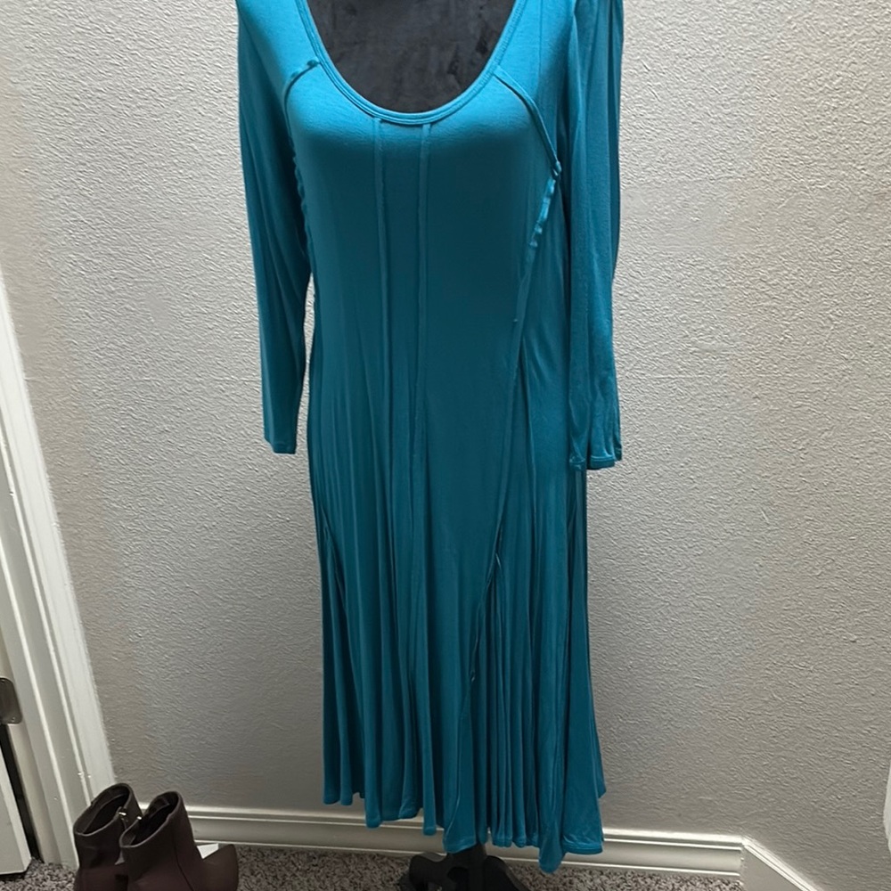 Blue Ribbed Fit and Flare Long Sleeve Dress